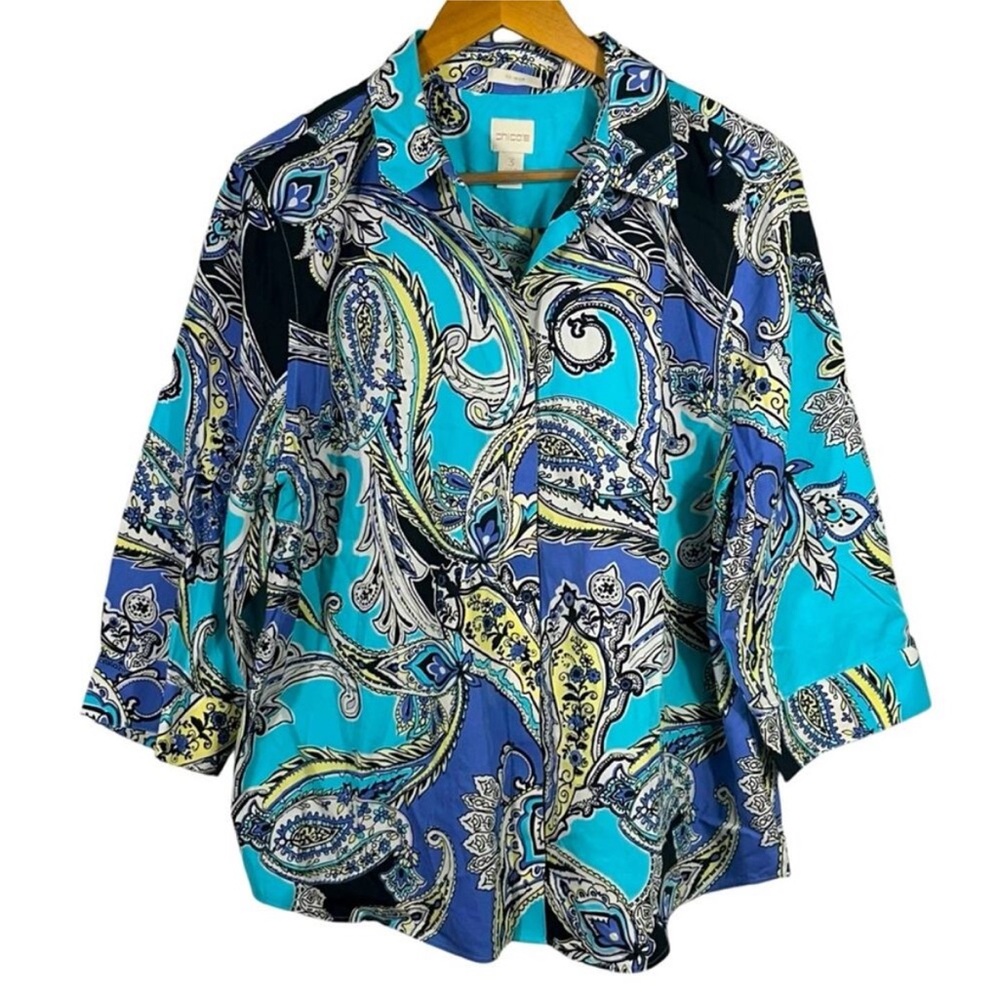 Chicos No-Iron Maritime Paisley Button-Back 3/4 Sleeve Top Chicos Sz 3US XL EUC - Picture 3 of 7